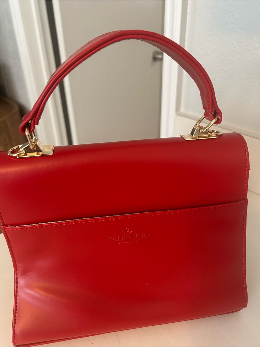 Valentino Garavani Red Leather Top-Handle Satchel with Gold Hardware